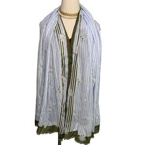 Talbots 100% modal stripe and flower scarf wrap blue olive green 25 x 72"